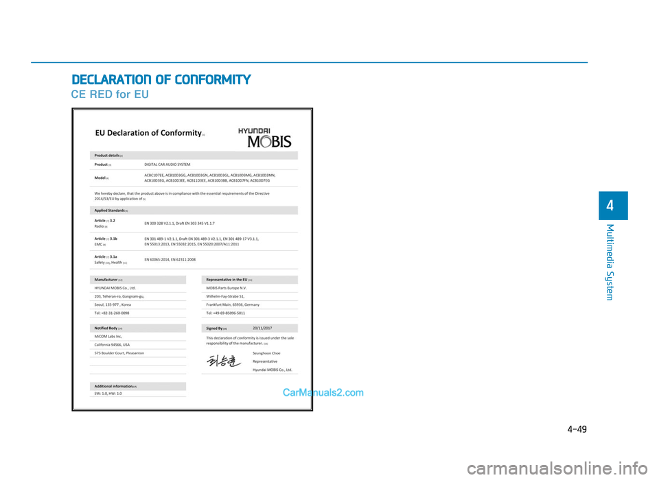 Hyundai Tucson 2019 Owners Manual - RHD (UK, Australia) 4-49
Multimedia System
4
DECLARATION OF CONFORMITY
CE RED for EU
TLe UK 4.qxp 5/10/2018 12:05 PM Page 49 Hyundai Tucson 2019 Owners Manual - RHD (UK, Australia) 4-49
Multimedia System
4
DECLARATION OF CONFORMITY
CE RED for EU
TLe UK 4.qxp 5/10/2018 12:05 PM Page 49