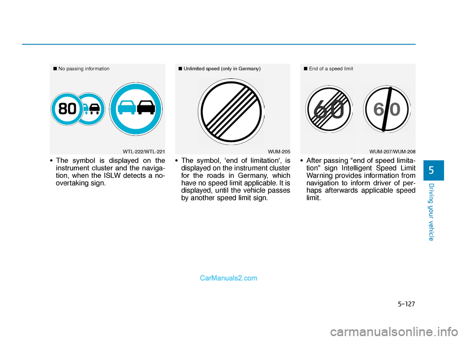 Hyundai Tucson 2019  Owners Manual - RHD (UK, Australia) 5-127
Driving your vehicle
5
• The  symbol  is  displayed  on  theinstrument  cluster  and  the  naviga-
tion,  when  the  ISLW  detects  a  no-
overtaking sign. • The  symbol,  end  of  limitati
