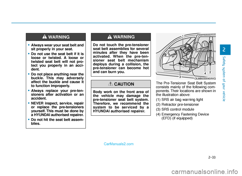 Hyundai Tucson 2019  Owners Manual - RHD (UK, Australia) 2-33
Safety system of your vehicle
2
The Pre-Tensioner Seat Belt System
consists mainly of the following com-
ponents. Their locations are shown in
the illustration above:
(1) SRS air bag warning ligh