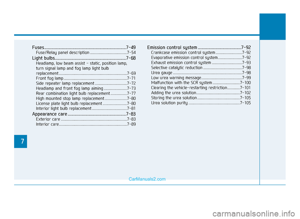 Hyundai Tucson 2019  Owners Manual - RHD (UK, Australia) 7
Fuses ......................................................................7-\
49
Fuse/Relay panel description ......................................7-54
Light bulbs................................