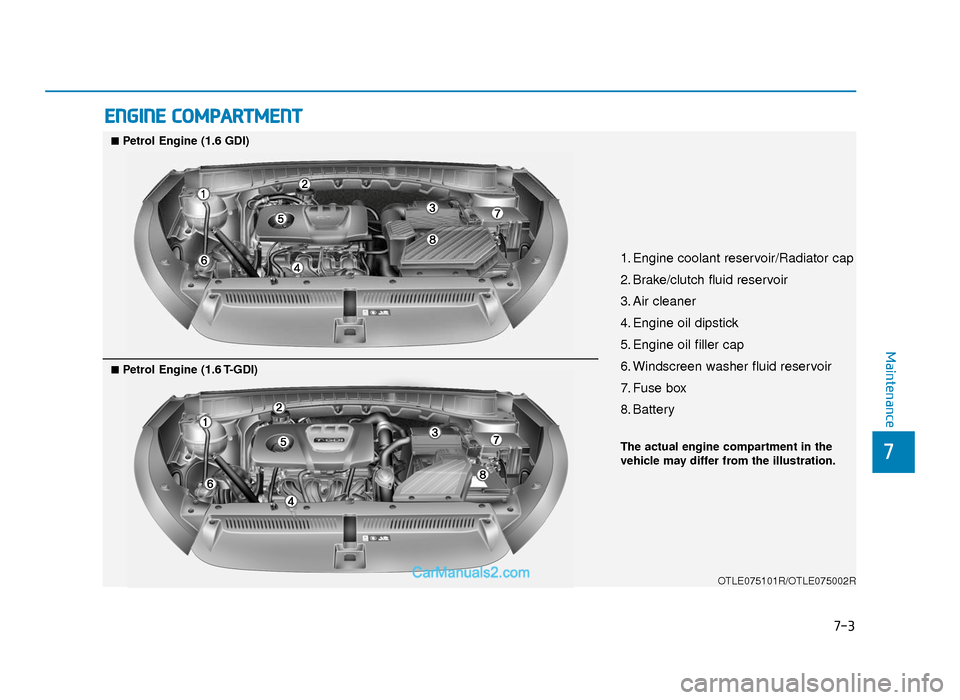Hyundai Tucson 2019   - RHD (UK, Australia) User Guide 7-3
7
Maintenance
ENGINE COMPARTMENT
1. Engine coolant reservoir/Radiator cap
2. Brake/clutch fluid reservoir
3. Air cleaner
4. Engine oil dipstick
5. Engine oil filler cap
6. Windscreen washer fluid 