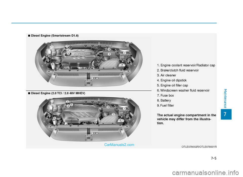 Hyundai Tucson 2019  Owners Manual - RHD (UK, Australia) 7-5
7
Maintenance
1. Engine coolant reservoir/Radiator cap
2. Brake/clutch fluid reservoir
3. Air cleaner
4. Engine oil dipstick
5. Engine oil filler cap
6. Windscreen washer fluid reservoir
7. Fuse b