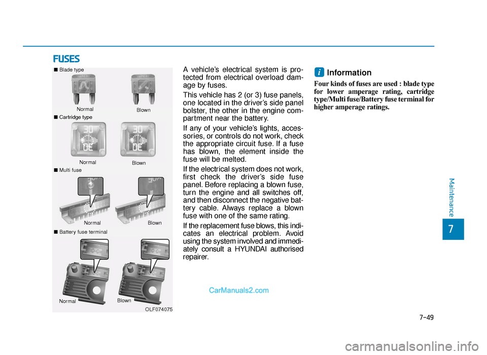 Hyundai Tucson 2019  Owners Manual - RHD (UK, Australia) 7-49
7
Maintenance
FUSES
A vehicle’s electrical system is pro-
tected from electrical overload dam-
age by fuses.
This vehicle has 2 (or 3) fuse panels,
one located in the driver’s side panel
bols