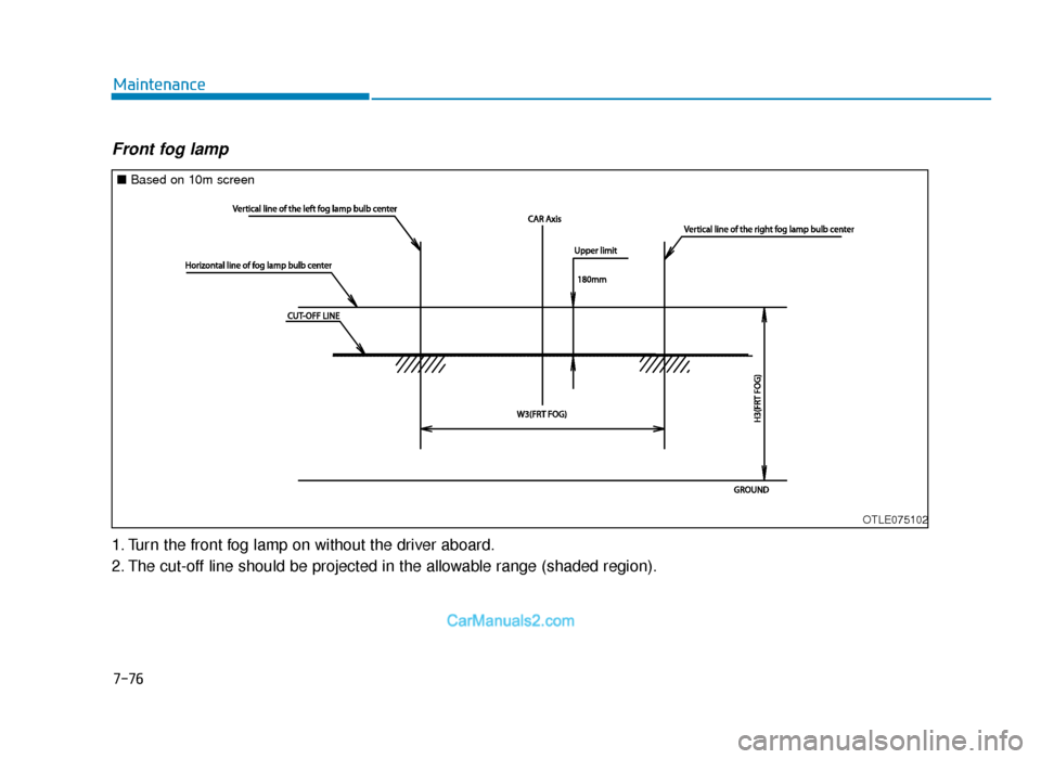 Hyundai Tucson 2019  Owners Manual - RHD (UK, Australia) 7-76
Maintenance
Front fog lamp  
1. Turn the front fog lamp on without the driver aboard.
2. The cut-off line should be projected in the allowable range (shaded region).
OTLE075102
■Based on 10m sc