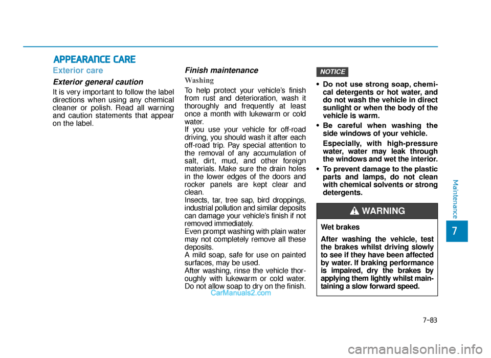 Hyundai Tucson 2019  Owners Manual - RHD (UK, Australia) 7-83
7
Maintenance
APPEARANCE CARE
Exterior care
Exterior general caution 
It is very important to follow the label
directions when using any chemical
cleaner or polish. Read all warning
and caution s