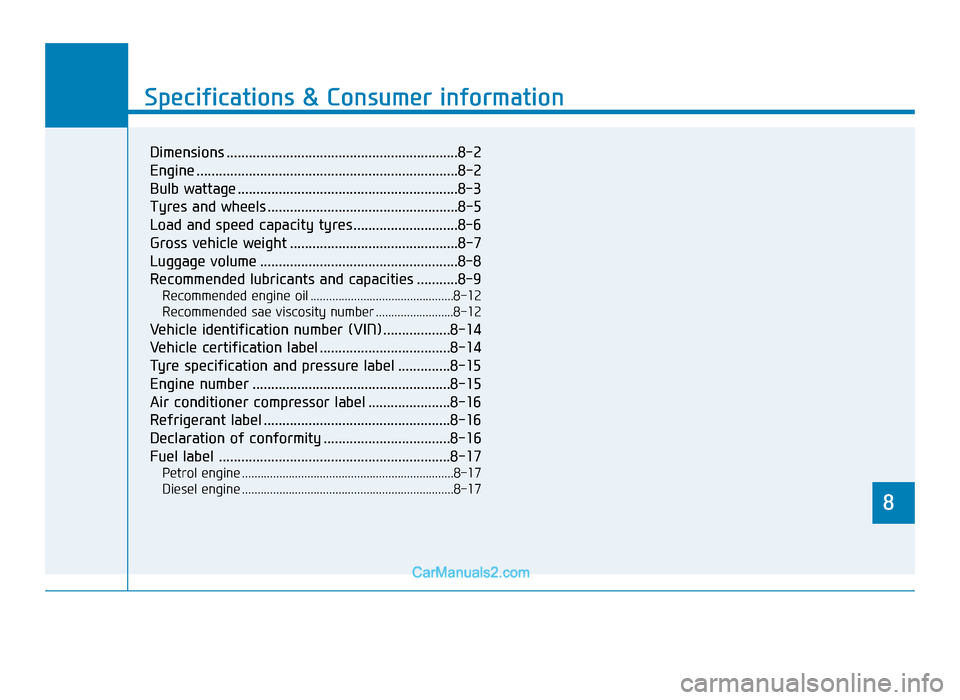 Hyundai Tucson 2019 Owners Manual - RHD (UK, Australia) 8
Specifications & Consumer information
8
Specifications & Consumer information
8
Dimensions ..............................................................8-2
Engine .................................. Hyundai Tucson 2019 Owners Manual - RHD (UK, Australia) 8
Specifications & Consumer information
8
Specifications & Consumer information
8
Dimensions ..............................................................8-2
Engine ..................................