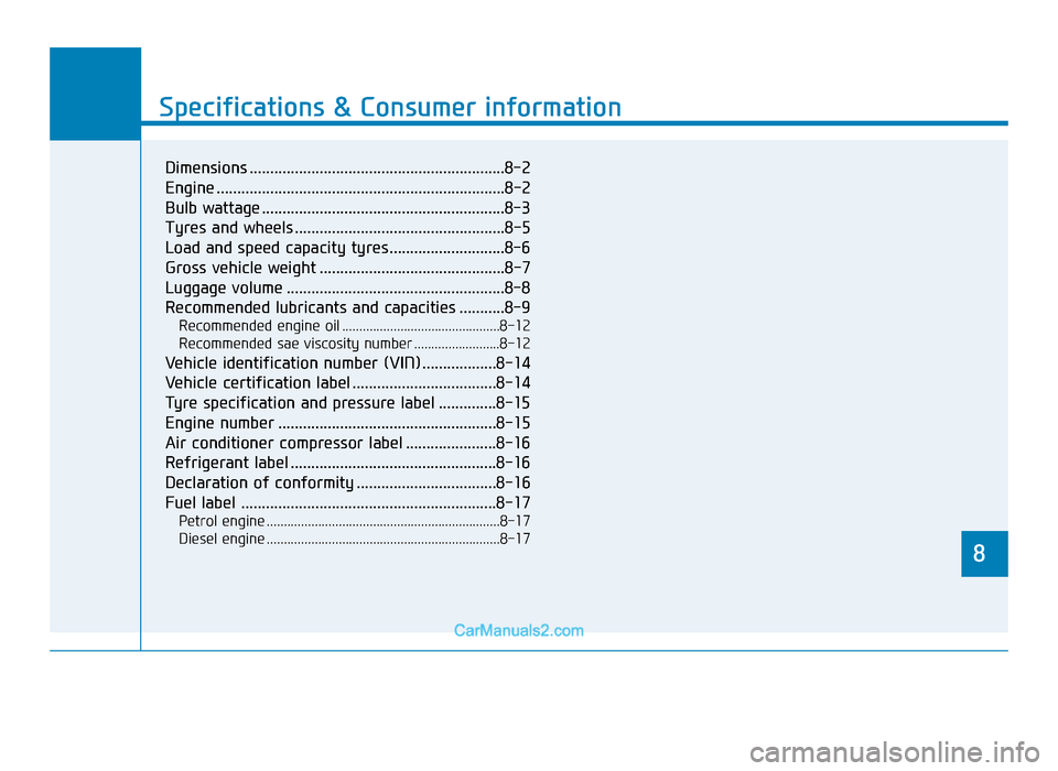 Hyundai Tucson 2019  Owners Manual - RHD (UK, Australia) 8
Specifications & Consumer information
8
Specifications & Consumer information
8
Dimensions ..............................................................8-2
Engine ..................................