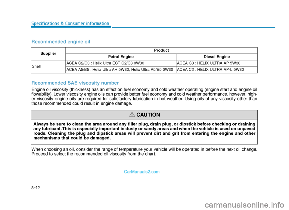 Hyundai Tucson 2019  Owners Manual - RHD (UK, Australia) 8-12
Specifications & Consumer information
Recommended engine oil
SupplierProduct
Petrol Engine Diesel Engine
Shell ACEA C2/C3 : Helix Ultra ECT C2/C3 0W30
ACEA C3 : HELIX ULTRA AP 5W30
ACEA A5/B5 : H