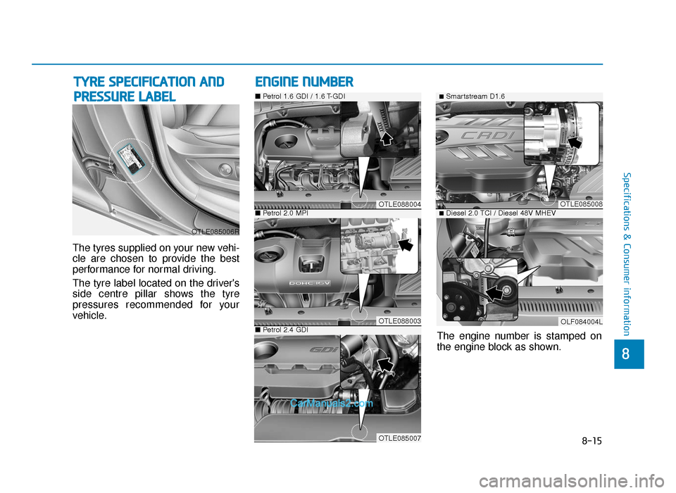 Hyundai Tucson 2019 Owners Manual - RHD (UK, Australia) 8-15
8
Specifications & Consumer information
The tyres supplied on your new vehi-
cle are chosen to provide the best
performance for normal driving.
The tyre label located on the drivers
side centre Hyundai Tucson 2019 Owners Manual - RHD (UK, Australia) 8-15
8
Specifications & Consumer information
The tyres supplied on your new vehi-
cle are chosen to provide the best
performance for normal driving.
The tyre label located on the drivers
side centre