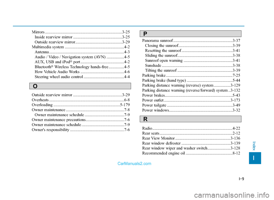 Hyundai Tucson 2019 Owners Manual - RHD (UK, Australia) I-9
I
Index
Mirrors ........................................................................\
..3-25Inside rearview mirror ...............................................3-25
Outside rearview mirror.. Hyundai Tucson 2019 Owners Manual - RHD (UK, Australia) I-9
I
Index
Mirrors ........................................................................\
..3-25Inside rearview mirror ...............................................3-25
Outside rearview mirror..