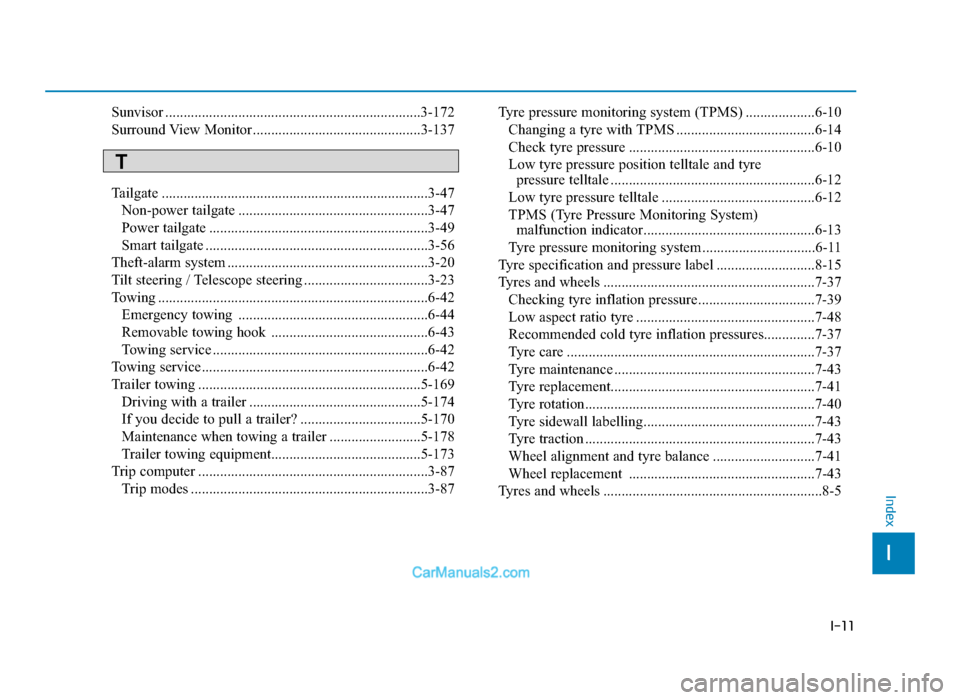 Hyundai Tucson 2019  Owners Manual - RHD (UK, Australia) I-11
I
Index
Sunvisor ......................................................................3-\
172
Surround View Monitor ..............................................3-137
Tailgate .................