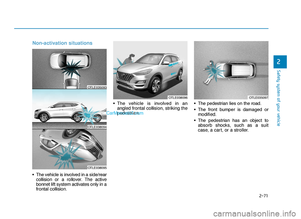 Hyundai Tucson 2019   - RHD (UK, Australia) Owners Manual 2-71
Safety system of your vehicle
2
Non-activation situations 
• The vehicle is involved in a side/rearcollision or a rollover. The active
bonnet lift system activates only in a
frontal collision. 