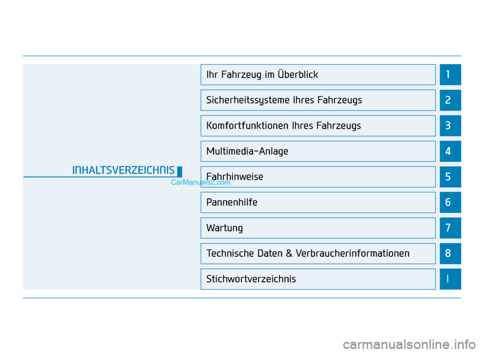 Hyundai Tucson 2019 1
2
3
4
5
6
7
8
I
Ihr Fahrzeug im Überblick
Sicherheitssysteme Ihres Fahrzeugs
Komfortfunktionen Ihres Fahrzeugs
Multimedia-Anlage
Fahrhinweise
Pannenhilfe
Wartung
Technische Daten & Verbraucherinfor Hyundai Tucson 2019 1
2
3
4
5
6
7
8
I
Ihr Fahrzeug im Überblick
Sicherheitssysteme Ihres Fahrzeugs
Komfortfunktionen Ihres Fahrzeugs
Multimedia-Anlage
Fahrhinweise
Pannenhilfe
Wartung
Technische Daten & Verbraucherinfor