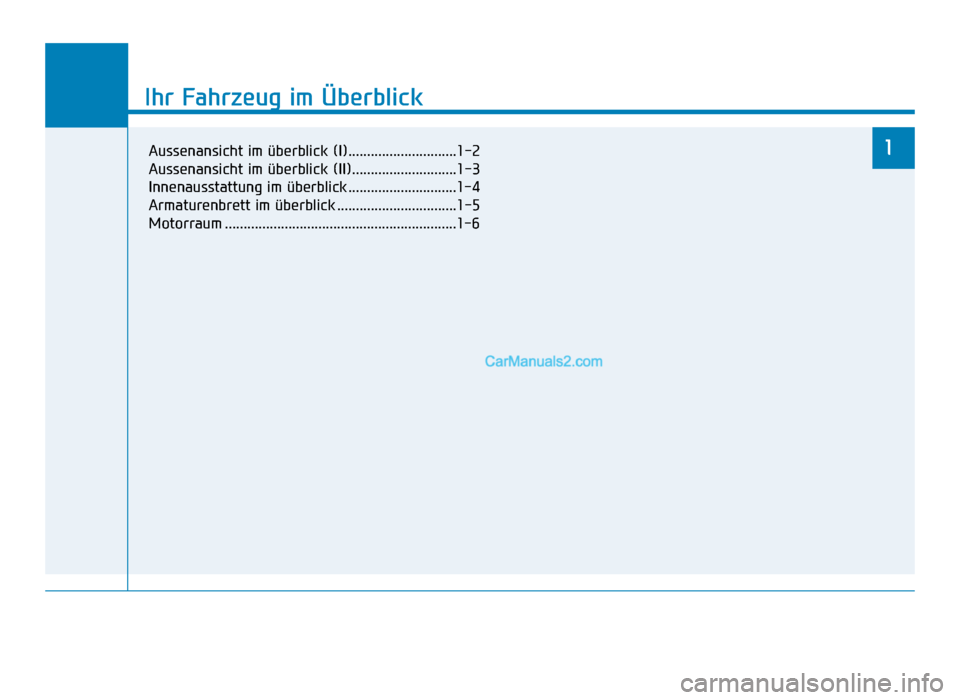Hyundai Tucson 2019  Betriebsanleitung (in German) Ihr Fahrzeug im Überblick
1
Ihr Fahrzeug im Überblick
1Aussenansicht im überblick (I).............................1-2
Aussenansicht im überblick (II)............................1-3
Innenausstattun