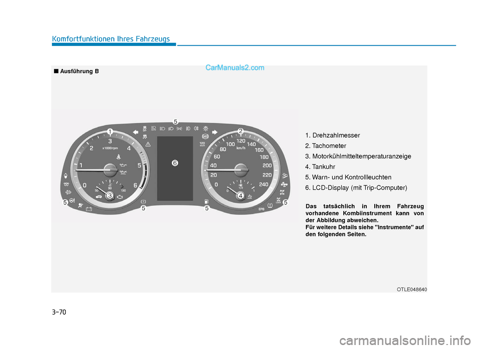 Hyundai Tucson 2019  Betriebsanleitung (in German) 3-70
Komfortfunktionen Ihres Fahrzeugs
1. Drehzahlmesser 
2. Tachometer
3. Motorkühlmitteltemperaturanzeige
4. Tankuhr
5. Warn- und Kontrollleuchten
6. LCD-Display (mit Trip-Computer)
OTLE048640
■A