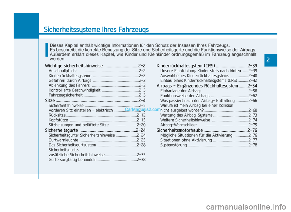 Hyundai Tucson 2019  Betriebsanleitung (in German) Sicherheitssysteme Ihres Fahrzeugs
2
Wichtige sicherheitshinweise ..............................2-2
Anschnallpflicht ................................................................2-2
Kinderrückhalt