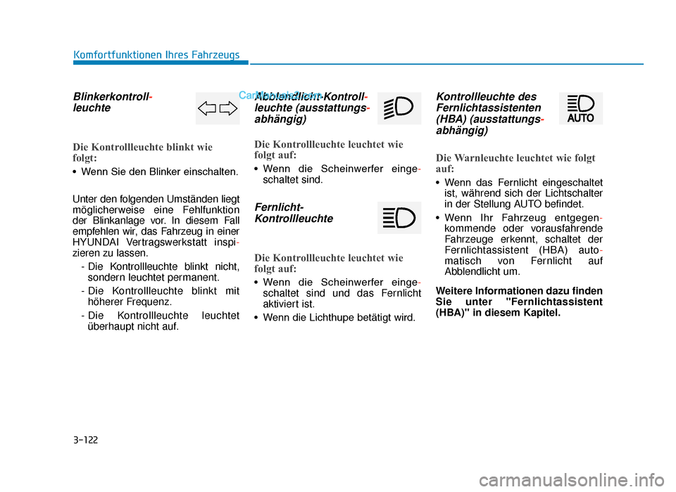 Hyundai Tucson 2019  Betriebsanleitung (in German) 3-122
Komfortfunktionen Ihres Fahrzeugs
Blinkerkontroll-leuchte
Die Kontrollleuchte blinkt wie
folgt:
• Wenn Sie den Blinker einschalten.
Unter den folgenden Umständen liegt
möglicherweise eine Fe