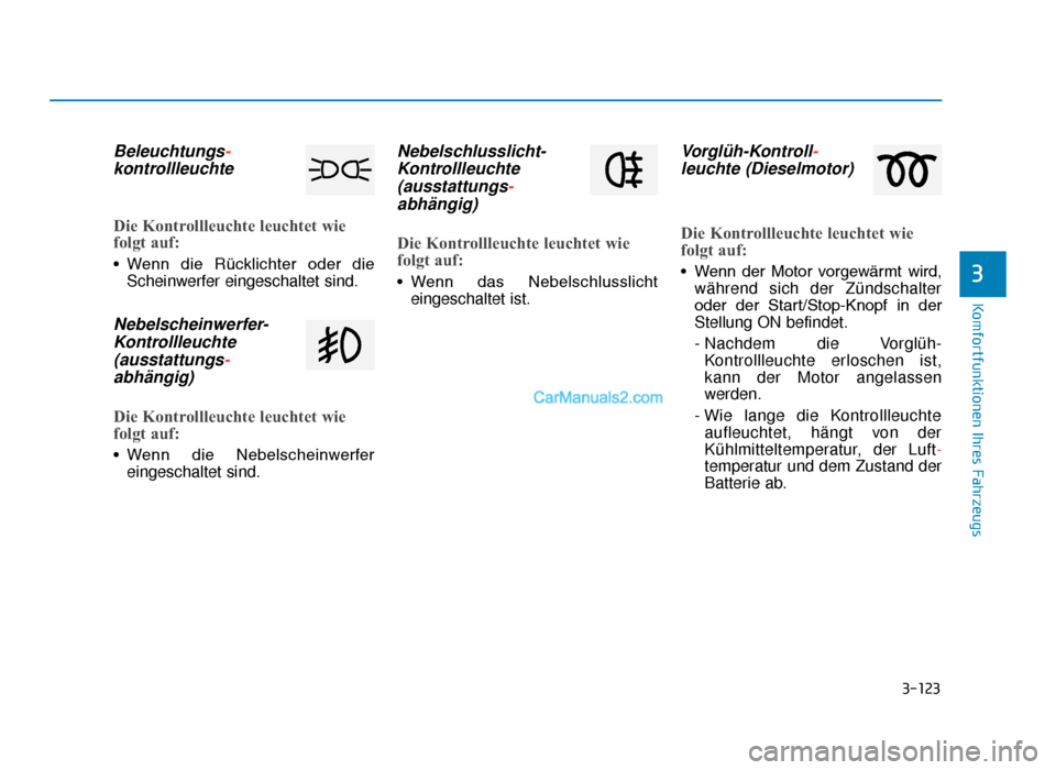 Hyundai Tucson 2019  Betriebsanleitung (in German) 3-123
Komfortfunktionen Ihres Fahrzeugs
3
Beleuchtungs-kontrollleuchte
Die Kontrollleuchte leuchtet wie
folgt auf:
• Wenn  die  Rücklichter  oder  die
Scheinwerfer eingeschaltet sind.
Nebelscheinwe
