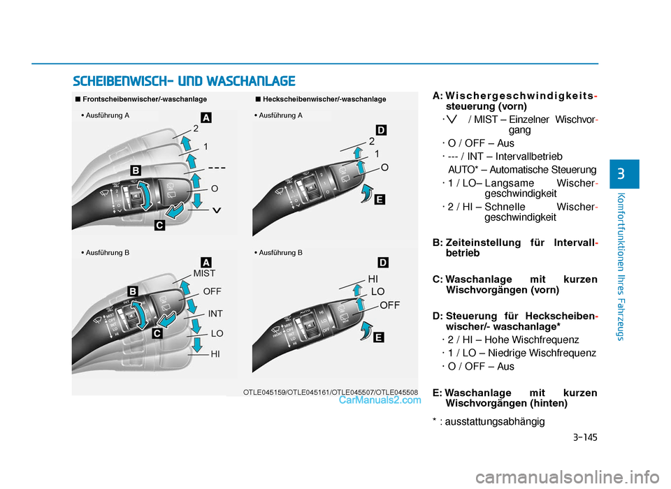 Hyundai Tucson 2019 3-145
Komfortfunktionen Ihres Fahrzeugs
3
A: Wischergeschwindigkeits-
steuerung (vorn)
· / MIST – Einzelner Wischvor- gang
· O / OFF – Aus
· --- / INT – Intervallbetrieb AUTO* – Automatis Hyundai Tucson 2019 3-145
Komfortfunktionen Ihres Fahrzeugs
3
A: Wischergeschwindigkeits-
steuerung (vorn)
· / MIST – Einzelner Wischvor- gang
· O / OFF – Aus
· --- / INT – Intervallbetrieb AUTO* – Automatis