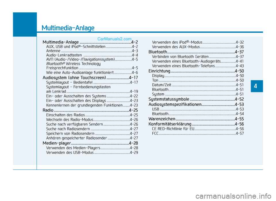 Hyundai Tucson 2019 Multimedia-Anlage
Multimedia-Anlage ................................................4-2
AUX, USB und iPod®-Schnittstellen .............................4-2
Antenne ....................................