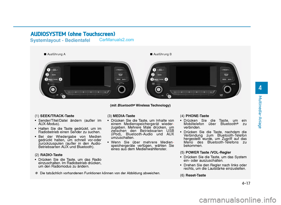 Hyundai Tucson 2019 4-17
Multimedia-Anlage
4
Systemlayout - Bedientafel
(mit Bluetooth®Wireless Technology)
❈ Die tatsächlich vorhandenen Funktionen können von der Abbildung abweichen.
(1) SEEK/TRACK-Taste
• Send Hyundai Tucson 2019 4-17
Multimedia-Anlage
4
Systemlayout - Bedientafel
(mit Bluetooth®Wireless Technology)
❈ Die tatsächlich vorhandenen Funktionen können von der Abbildung abweichen.
(1) SEEK/TRACK-Taste
• Send