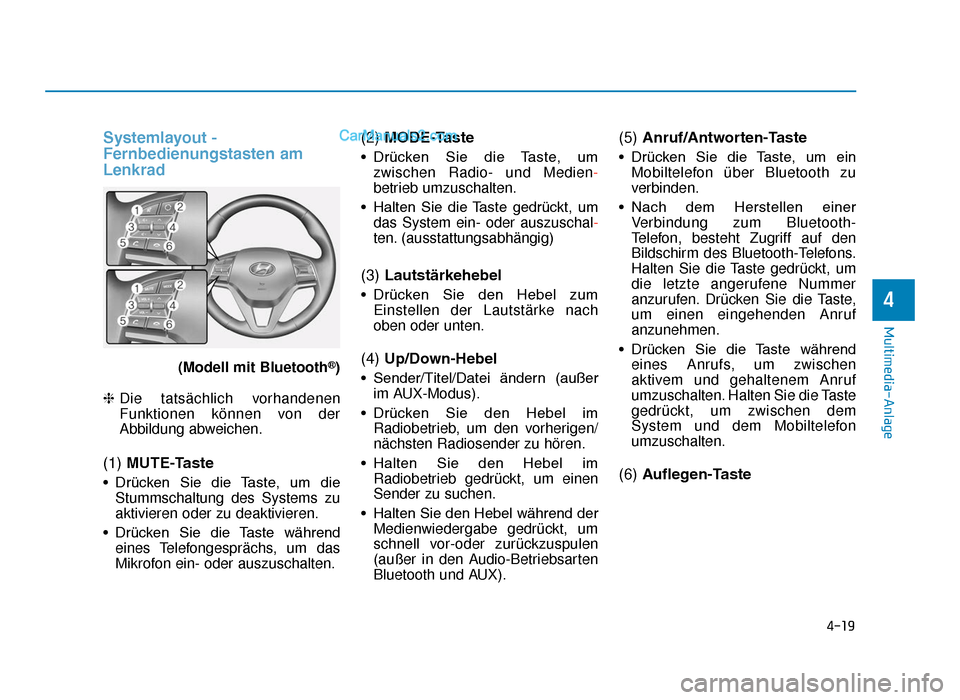 Hyundai Tucson 2019  Betriebsanleitung (in German) 4-19
Multimedia-Anlage
4
Systemlayout -
Fernbedienungstasten am
Lenkrad
(Modell mit Bluetooth®)
❈ Die tatsächlich vorhandenen
Funktionen können von der
Abbildung abweichen.
(1)  MUTE-Taste
• Dr