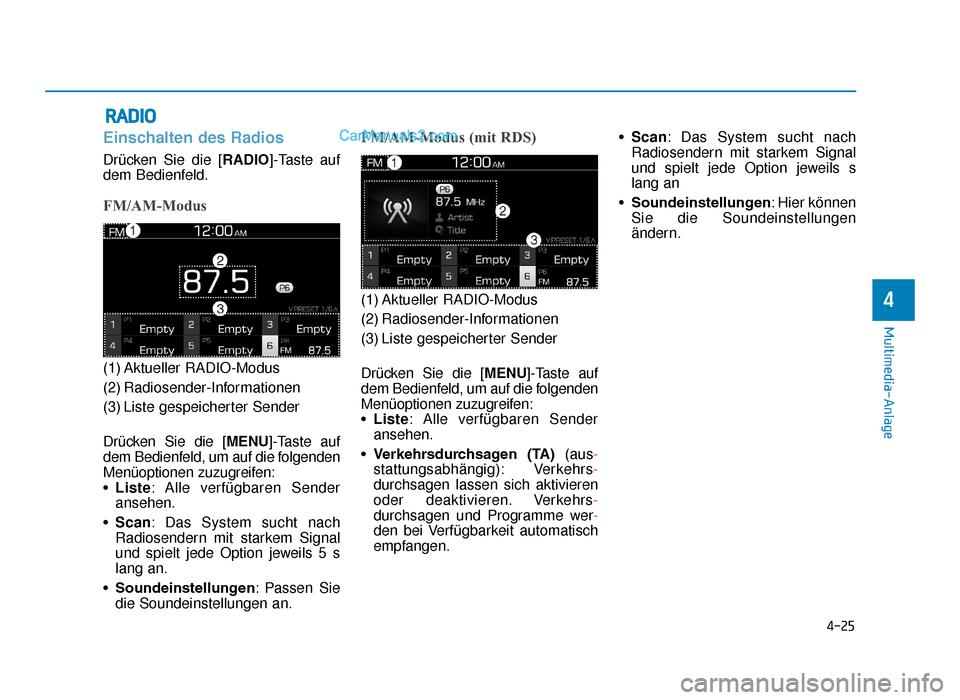 Hyundai Tucson 2019 4-25
Multimedia-Anlage
4
RADIO
Einschalten des Radios
Drücken Sie die [RADIO]-Taste auf
dem Bedienfeld.
FM/AM-Modus
(1) Aktueller RADIO-Modus
(2) Radiosender-Informationen
(3) Liste gespeicherter Sen