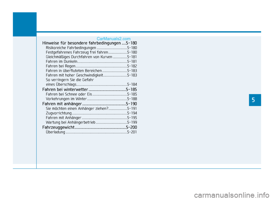 Hyundai Tucson 2019 Betriebsanleitung (in German) Hinweise für besondere fahrbedingungen ....5-180
Risikoreiche Fahrbedingungen ..................................5-180
Festgefahrenes Fahrzeug frei fahren .....................5-180
Gleichmäßiges Du Hyundai Tucson 2019 Betriebsanleitung (in German) Hinweise für besondere fahrbedingungen ....5-180
Risikoreiche Fahrbedingungen ..................................5-180
Festgefahrenes Fahrzeug frei fahren .....................5-180
Gleichmäßiges Du