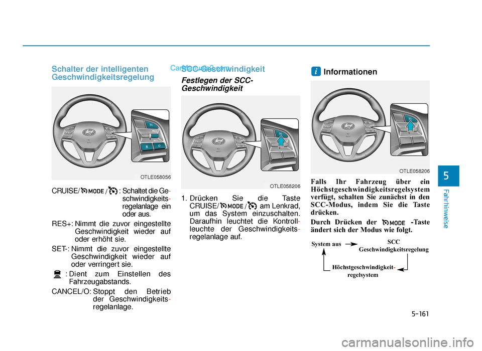 Hyundai Tucson 2019 Betriebsanleitung (in German) 5-161
Fahrhinweise
Schalter der intelligenten
Geschwindigkeitsregelung
CRUISE//: Schaltet die Ge-
schwindigkeits-
regelanlage ein
oder aus.
RES+: Nimmt die zuvor eingestellte Geschwindigkeit wieder au Hyundai Tucson 2019 Betriebsanleitung (in German) 5-161
Fahrhinweise
Schalter der intelligenten
Geschwindigkeitsregelung
CRUISE//: Schaltet die Ge-
schwindigkeits-
regelanlage ein
oder aus.
RES+: Nimmt die zuvor eingestellte Geschwindigkeit wieder au