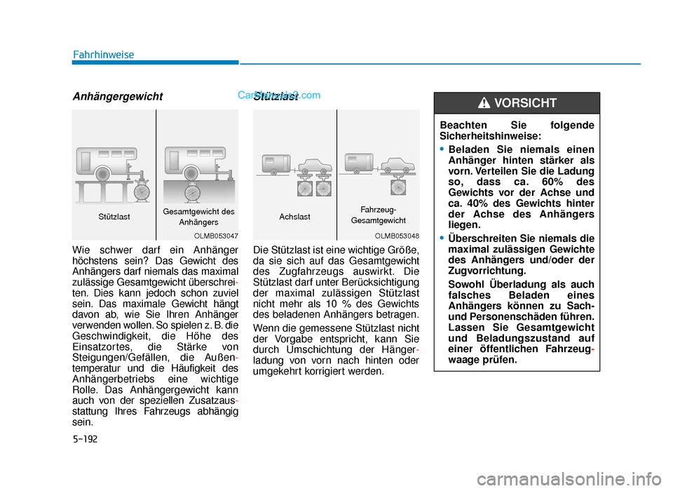 Hyundai Tucson 2019 Betriebsanleitung (in German) 5-192
Fahrhinweise
Anhängergewicht
Wie schwer darf ein Anhänger
höchstens sein? Das Gewicht des
Anhängers darf niemals das maximal
zulässige Gesamtgewicht überschrei-
ten. Dies kann jedoch schon Hyundai Tucson 2019 Betriebsanleitung (in German) 5-192
Fahrhinweise
Anhängergewicht
Wie schwer darf ein Anhänger
höchstens sein? Das Gewicht des
Anhängers darf niemals das maximal
zulässige Gesamtgewicht überschrei-
ten. Dies kann jedoch schon