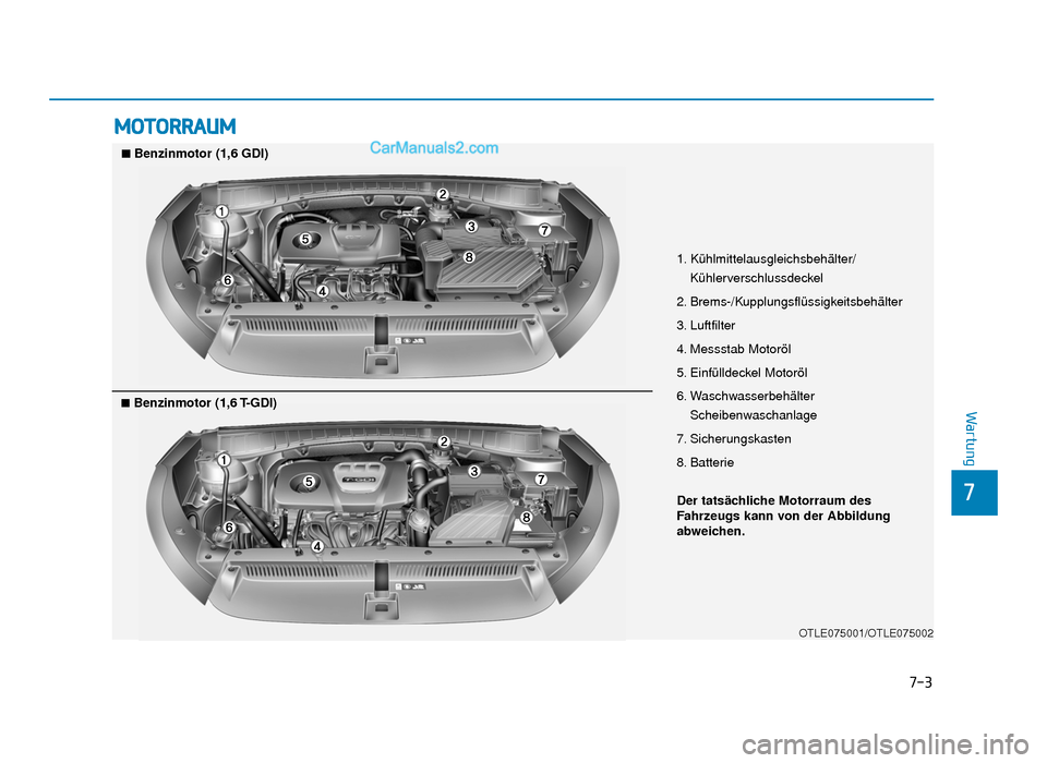 Hyundai Tucson 2019 Betriebsanleitung (in German) 7-3
7
Wartung
MOTORRAUM
1. Kühlmittelausgleichsbehälter/Kühlerverschlussdeckel
2. Brems-/Kupplungsflüssigkeitsbehälter
3. Luftfilter
4. Messstab Motoröl
5. Einfülldeckel Motoröl
6. Waschwasser Hyundai Tucson 2019 Betriebsanleitung (in German) 7-3
7
Wartung
MOTORRAUM
1. Kühlmittelausgleichsbehälter/Kühlerverschlussdeckel
2. Brems-/Kupplungsflüssigkeitsbehälter
3. Luftfilter
4. Messstab Motoröl
5. Einfülldeckel Motoröl
6. Waschwasser