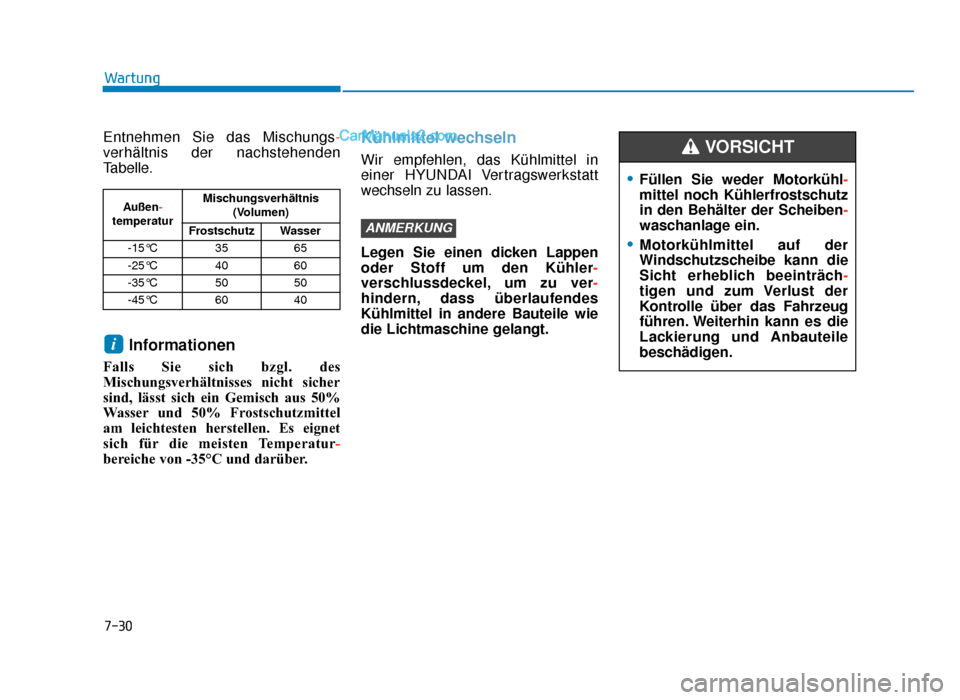 Hyundai Tucson 2019 Betriebsanleitung (in German) 7-30
Wartung
Entnehmen Sie das Mischungs -
verhältnis der nachstehenden
Tabelle.
Informationen
Falls Sie sich bzgl. des
Mischungsverhältnisses nicht sicher
sind, lässt sich ein Gemisch aus 50%
Wass Hyundai Tucson 2019 Betriebsanleitung (in German) 7-30
Wartung
Entnehmen Sie das Mischungs -
verhältnis der nachstehenden
Tabelle.
Informationen
Falls Sie sich bzgl. des
Mischungsverhältnisses nicht sicher
sind, lässt sich ein Gemisch aus 50%
Wass