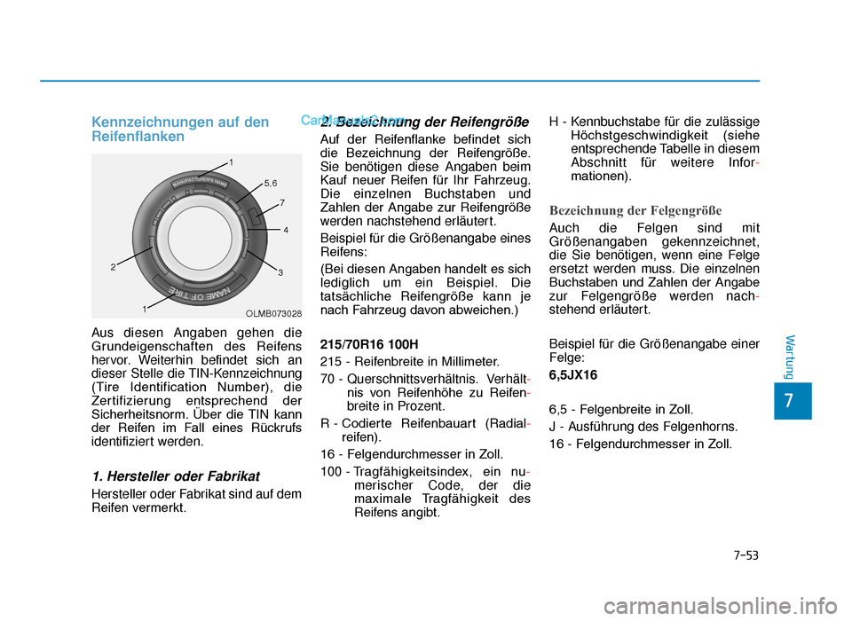 Hyundai Tucson 2019 Betriebsanleitung (in German) 7-53
7
Wartung
Kennzeichnungen auf den
Reifenflanken
Aus diesen Angaben gehen die
Grundeigenschaften des Reifens
hervor. Weiterhin befindet sich an
dieser Stelle die TIN-Kennzeichnung
(Tire Identif Hyundai Tucson 2019 Betriebsanleitung (in German) 7-53
7
Wartung
Kennzeichnungen auf den
Reifenflanken
Aus diesen Angaben gehen die
Grundeigenschaften des Reifens
hervor. Weiterhin befindet sich an
dieser Stelle die TIN-Kennzeichnung
(Tire Identif
