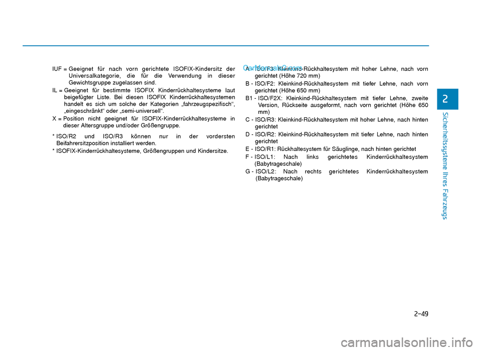 Hyundai Tucson 2019  Betriebsanleitung (in German) 2-49
Sicherheitssysteme Ihres Fahrzeugs
2
IUF = Geeignet für nach vorn gerichtete ISOFIX-Kindersitz derUniversalkategorie, die für die Verwendung in dieser
Gewichtsgruppe zugelassen sind.
IL = Geeig