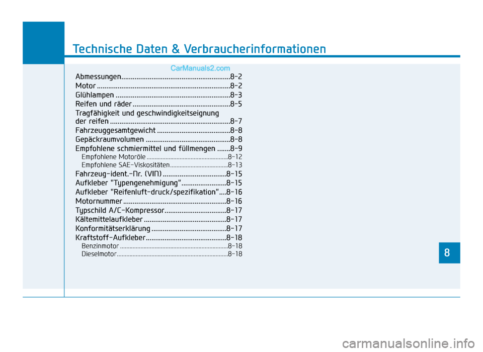 Hyundai Tucson 2019  Betriebsanleitung (in German) 8
Technische Daten & Verbraucherinformationen
8
Technische Daten & Verbraucherinformationen
8
Abmessungen..........................................................8-2
Motor ...........................