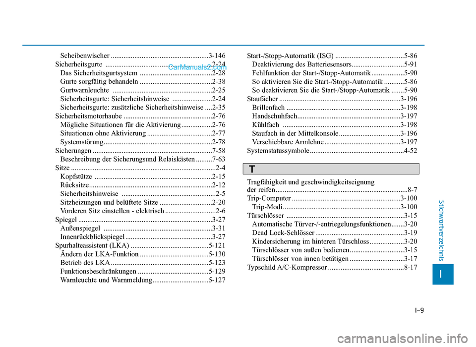 Hyundai Tucson 2019 I-9
I
Stichwortverzeichnis
Scheibenwischer ......................................................3-146
Sicherheitsgurte ...........................................................2-24 Das Sicherheitsg