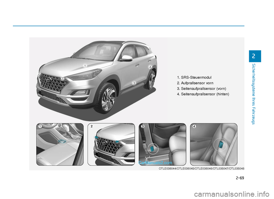 Hyundai Tucson 2019  Betriebsanleitung (in German) 2-69
Sicherheitssysteme Ihres Fahrzeugs
2
1. SRS-Steuermodul
2. Aufprallsensor vorn
3. Seitenaufprallsensor (vorn)  
4. Seitenaufprallsensor (hinten)
OTLE038044/OTLE038045/OTLE038046/OTL035047/OTL0350