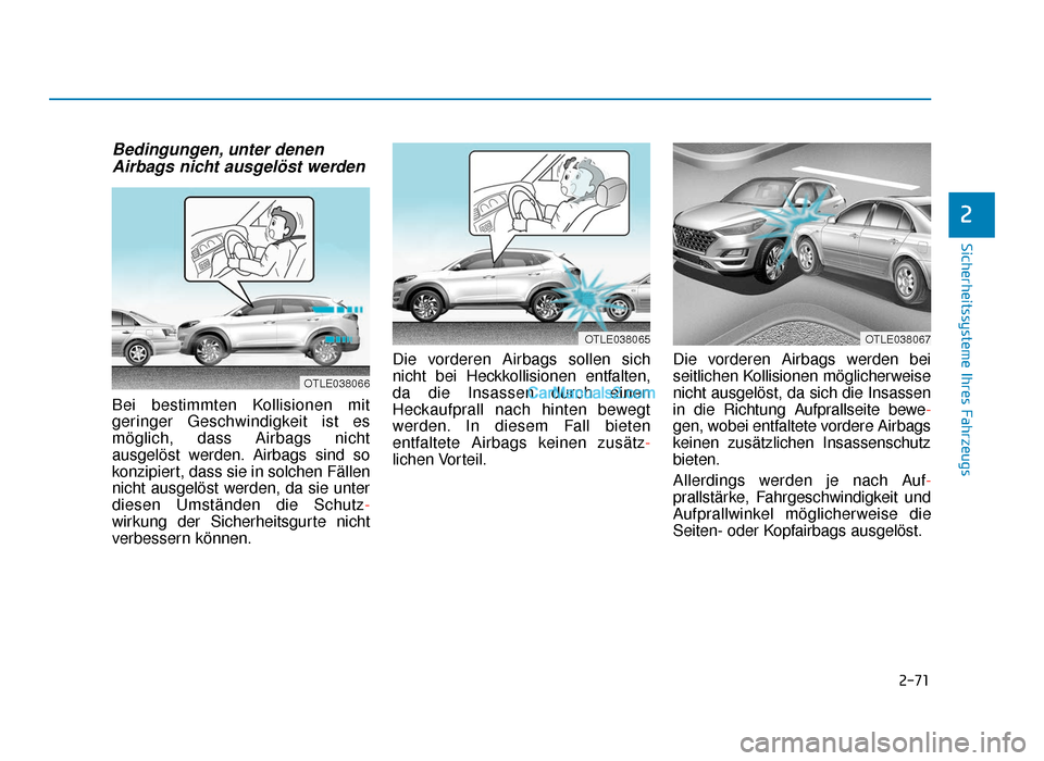Hyundai Tucson 2019 2-71
Sicherheitssysteme Ihres Fahrzeugs
2
Bedingungen, unter denenAirbags nicht ausgelöst werden
Bei bestimmten Kollisionen mit
geringer Geschwindigkeit ist es
möglich, dass Airbags nicht
ausgelös Hyundai Tucson 2019 2-71
Sicherheitssysteme Ihres Fahrzeugs
2
Bedingungen, unter denenAirbags nicht ausgelöst werden
Bei bestimmten Kollisionen mit
geringer Geschwindigkeit ist es
möglich, dass Airbags nicht
ausgelös