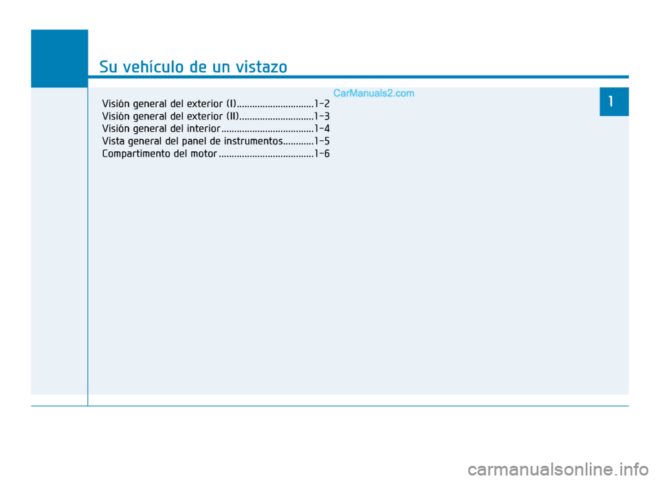 Hyundai Tucson 2019  Manual del propietario (in Spanish) Su vehículo de un vistazo
1
Su vehículo de un vistazo
1Visión general del exterior (I)..............................1-2
Visión general del exterior (II).............................1-3
Visión gen