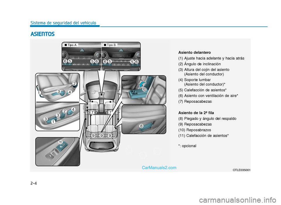 Hyundai Tucson 2019 Manual del propietario (in Spanish) 2-4
ASIENTOS
Sistema de seguridad del vehículo
OTLE035001
Asiento delantero
(1) Ajuste hacia adelante y hacia atrás
(2) Ángulo de inclinación
(3) Altura del cojin del asiento(Asiento del conduct Hyundai Tucson 2019 Manual del propietario (in Spanish) 2-4
ASIENTOS
Sistema de seguridad del vehículo
OTLE035001
Asiento delantero
(1) Ajuste hacia adelante y hacia atrás
(2) Ángulo de inclinación
(3) Altura del cojin del asiento(Asiento del conduct