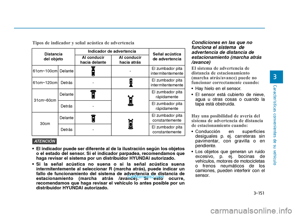 Hyundai Tucson 2019 Manual del propietario (in Spanish) 3-151
Características convenientes de su vehículo
3
Condiciones en las que nofunciona el sistema deadvertencia de distancia deestacionamiento (marcha atrás/avance)
El sistema de advertencia de
dis Hyundai Tucson 2019 Manual del propietario (in Spanish) 3-151
Características convenientes de su vehículo
3
Condiciones en las que nofunciona el sistema deadvertencia de distancia deestacionamiento (marcha atrás/avance)
El sistema de advertencia de
dis