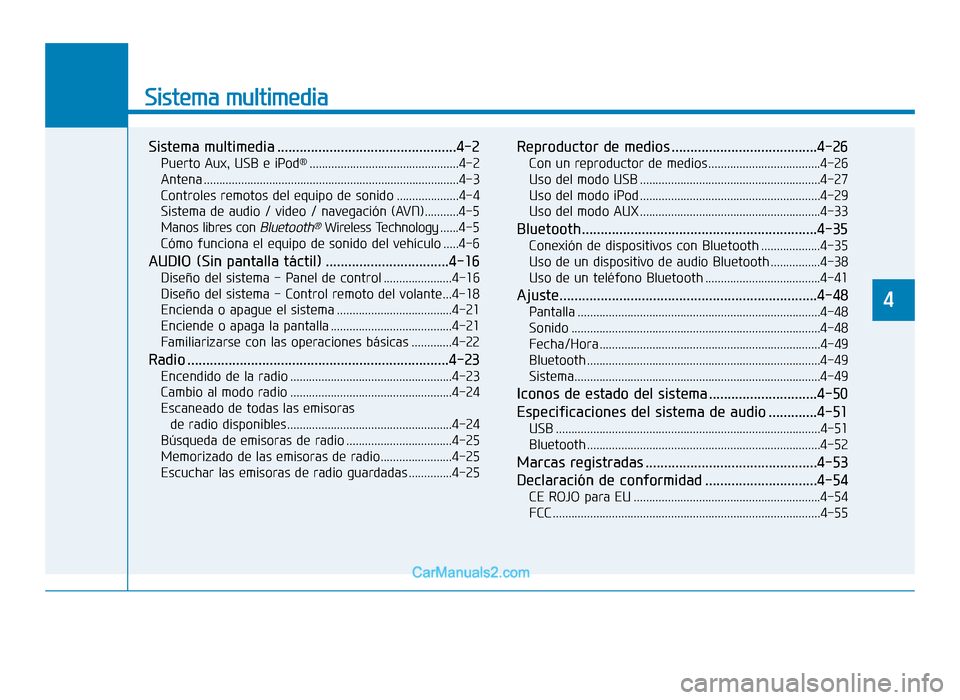 Hyundai Tucson 2019 Manual del propietario (in Spanish) Sistema multimedia
Sistema multimedia ................................................4-2
Puerto Aux, USB e iPod®................................................4-2
Antena ........................... Hyundai Tucson 2019 Manual del propietario (in Spanish) Sistema multimedia
Sistema multimedia ................................................4-2
Puerto Aux, USB e iPod®................................................4-2
Antena ...........................