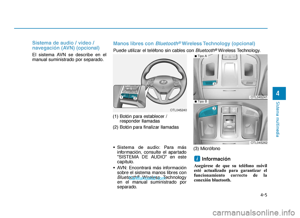 Hyundai Tucson 2019 Manual del propietario (in Spanish) Sistema de audio / video /
navegación (AVN) (opcional)
El sistema AVN se describe en el
manual suministrado por separado.
(1) Botón para establecer /responder llamadas
(2) Botón para finaliza Hyundai Tucson 2019 Manual del propietario (in Spanish) Sistema de audio / video /
navegación (AVN) (opcional)
El sistema AVN se describe en el
manual suministrado por separado.
(1) Botón para establecer /responder llamadas
(2) Botón para finaliza