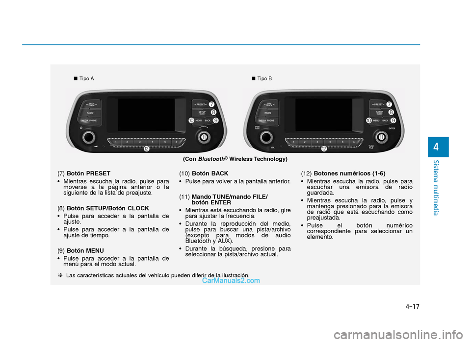 Hyundai Tucson 2019  Manual del propietario (in Spanish) 4-17
Sistema multimedia
4
(Con Bluetooth®Wireless Technology)
■Tipo A ■Tipo B
❈ Las características actuales del vehículo pueden diferir de la ilustración.
(7)  Botón PRESET
• Mientras  e