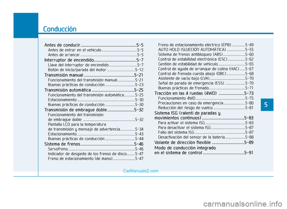 Hyundai Tucson 2019 Manual del propietario (in Spanish) Conducción
Antes de conducir ..................................................5-5
Antes de entrar en el vehículo ......................................5-5
Antes de arrancar ........................ Hyundai Tucson 2019 Manual del propietario (in Spanish) Conducción
Antes de conducir ..................................................5-5
Antes de entrar en el vehículo ......................................5-5
Antes de arrancar ........................