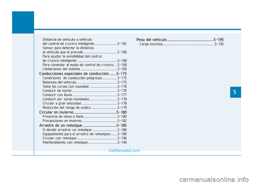 Hyundai Tucson 2019 Manual del propietario (in Spanish) Distancia de vehículo a vehículo
del control de crucero inteligente ............................5-162
Sensor para detectar la distancia
al vehículo que le precede ................................ Hyundai Tucson 2019 Manual del propietario (in Spanish) Distancia de vehículo a vehículo
del control de crucero inteligente ............................5-162
Sensor para detectar la distancia
al vehículo que le precede ................................
