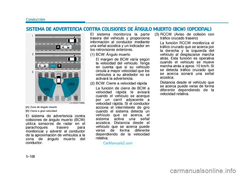 Hyundai Tucson 2019  Manual del propietario (in Spanish) 5-108
[A]: Zona de ángulo muerto
[B]: Cierre a gran velocidad
El sistema de advertencia contra
colisiones de ángulo muerto (BCW)
utiliza sensores de radar en el
parachoques trasero para
monitorizar 