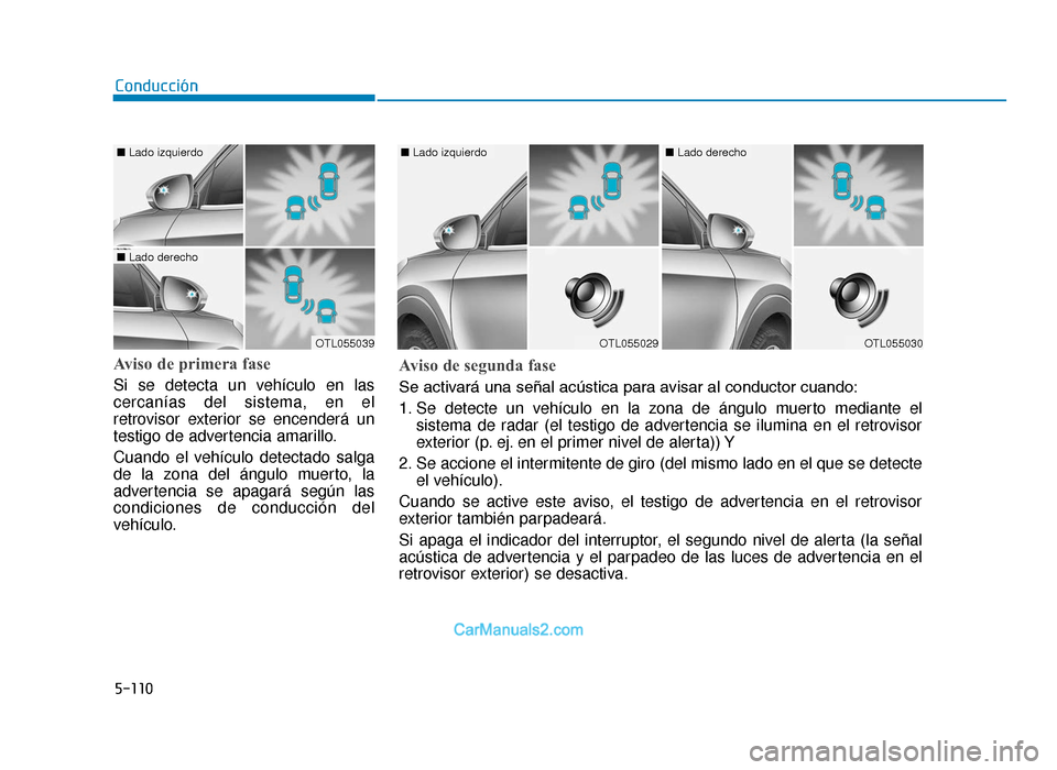 Hyundai Tucson 2019 Manual del propietario (in Spanish) 5-110
Aviso de primera fase
Si se detecta un vehículo en las
cercanías del sistema, en el
retrovisor exterior se encenderá un
testigo de advertencia amarillo.
Cuando el vehículo detectado salga
d Hyundai Tucson 2019 Manual del propietario (in Spanish) 5-110
Aviso de primera fase
Si se detecta un vehículo en las
cercanías del sistema, en el
retrovisor exterior se encenderá un
testigo de advertencia amarillo.
Cuando el vehículo detectado salga
d