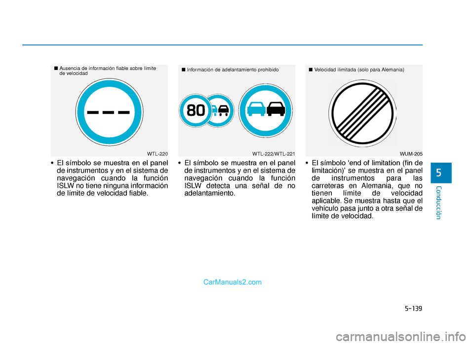 Hyundai Tucson 2019  Manual del propietario (in Spanish) 5-139
Conducción
• El  símbolo  se  muestra  en  el  panelde instrumentos y en el sistema de
navegación cuando la función
ISLW no tiene ninguna información
de límite de velocidad fiable. • E