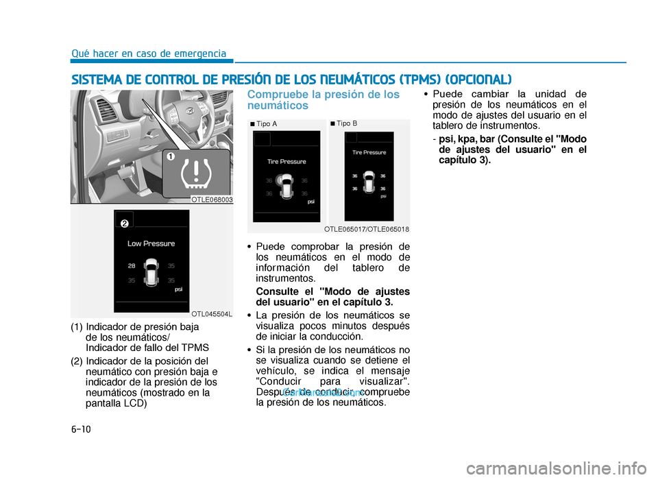 Hyundai Tucson 2019  Manual del propietario (in Spanish) 6-10
(1) Indicador de presión baja de los neumáticos/
Indicador de fallo del TPMS
(2) Indicador de la posición del neumático con presión baja e
indicador de la presión de los
neumáticos (mostra